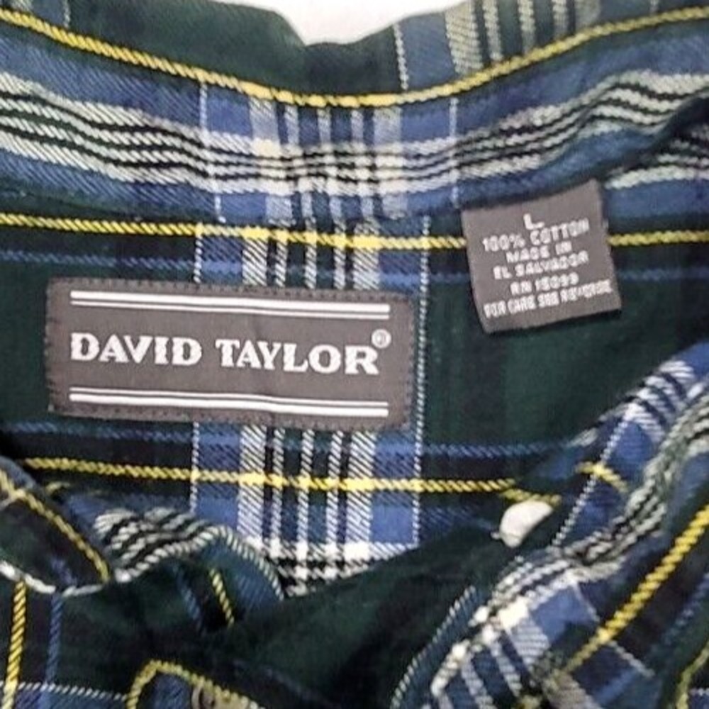 DAVID TAYLOR Mens Green Plaid Flannel long sleeve Large L 100% cotton shirt. - Picture 3 of 4